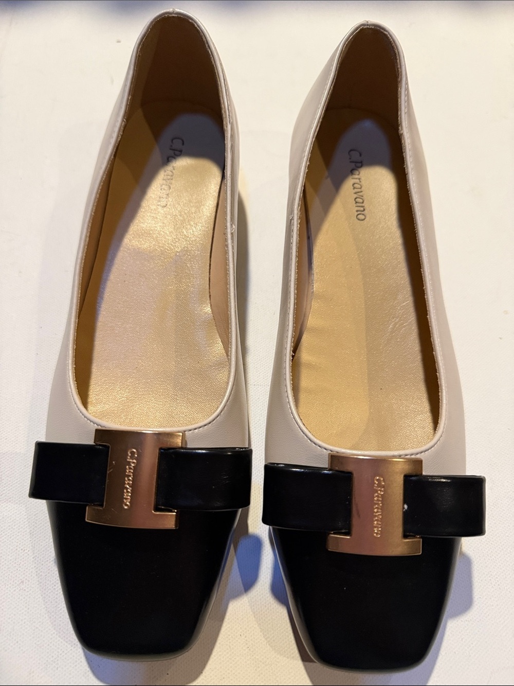 C.Paravano Two-Tone Black and Cream Square-Toe Flats with Bow Accent